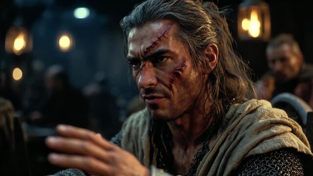 A wounded warrior with facial scars holding a cup in a cinematic style against a dark tavern background, symbolizing resilience