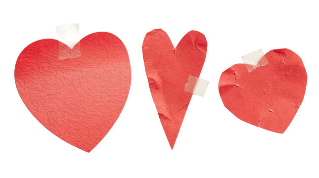 Three rustic red paper hearts with torn edges, taped to a transparent background, symbolizing love and passion.