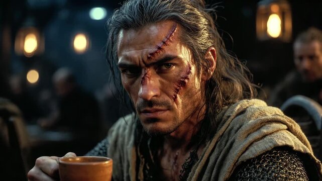 Scarred warrior drinking from mug in gritty style on dark tavern background, concept of medieval adventure