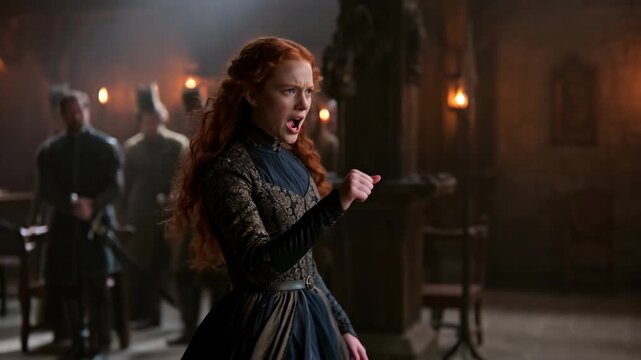 Woman in ornate medieval attire standing indoors, cinematic style, on a dim hall background, concept of drama and tension