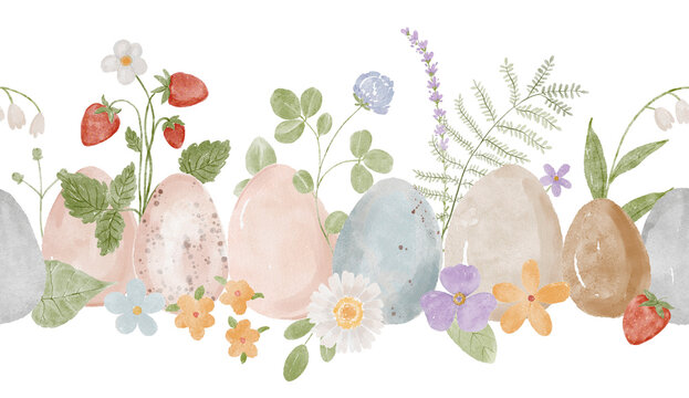 Watercolor Easter whimsical seamless border with hand painted eggs, pink and red flowers. Spring Border perfect for  greeting cards, invitation, easter designs. PNG file.