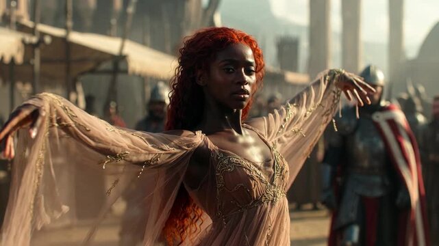 Woman dancing in ornate gown in medieval-style scene with cinematic look on a market background, concept of fantasy elegance