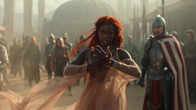 A woman in ornate gown stands in medieval setting with soft cinematic style on misty background, concept of fantasy courage