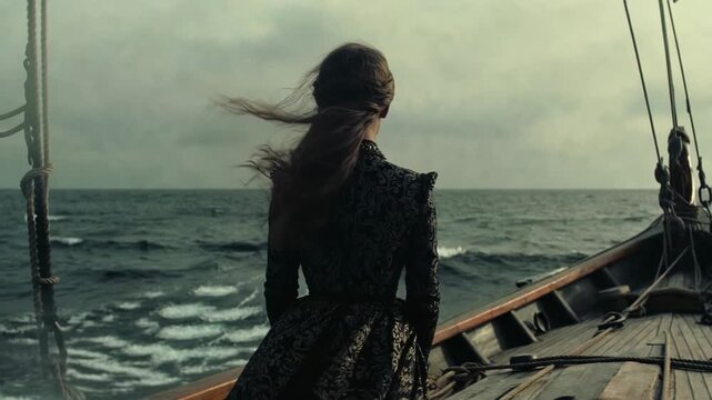 Woman standing on wooden boat facing ocean, cinematic style, under cloudy sky, concept of solitude and journey