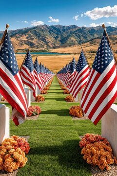 Rows of American flags and gravestones at a veterans cemetery with mountain landscape memorial