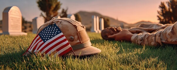 Fototapeta premium Military helmet with American flag on grass beside a soldier's grave at sunset memorial