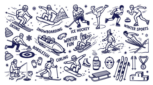 Winter sports and recreational activities doodle set with people engaging in snowy outdoor fun