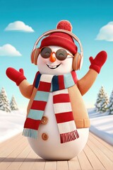 Fototapeta premium Happy snowman wearing headphones and a striped scarf enjoying winter music outdoors