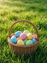 Fototapeta premium A wicker basket filled with vibrant Easter eggs, placed on fresh green grass under sunlight.