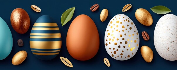 Fototapeta premium Easter eggs decorated with gold accents and blue tones on a dark background for celebration