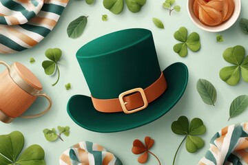Fototapeta premium St. Patrick's Day flat-lay with green leprechaun hat, shamrocks and festive accessories
