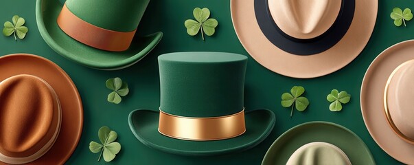 Fototapeta premium St. Patrick's Day background with green top hats, shamrocks and festive leprechaun style