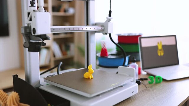 A 3D printer is actively creating a small yellow bunny toy on its build plate, with filament spools and a laptop visible in the background