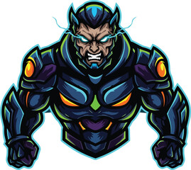Fototapeta premium A muscular, robotic creature with glowing eyes charges forward aggressively.