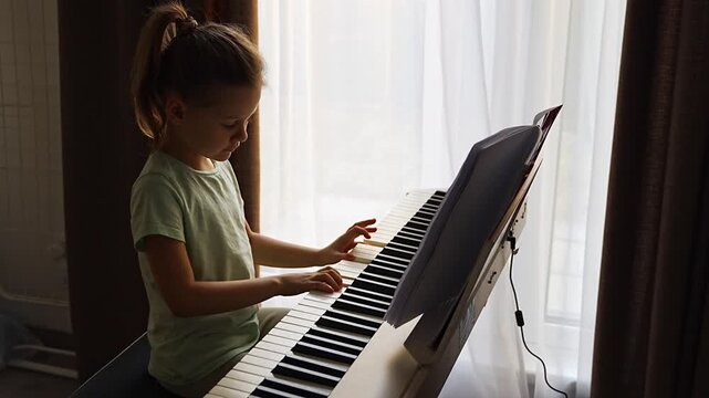 Little girl sitting at piano and playing music at home, expression and careful posture. Childhood music education, creative development, concentration, discipline, and calm learning atmosphere