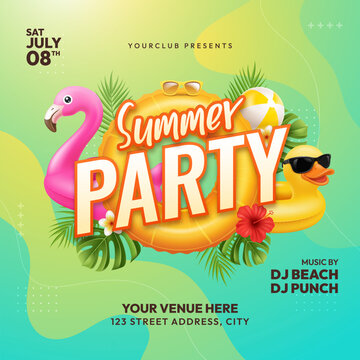 Summer Party Poster with Flamingo Float and Tropical Elements