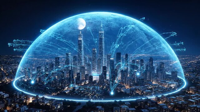 City Under Digital Shield: A futuristic cityscape, protected by an illuminated digital shield, symbolizing technological advancement and urban innovation.