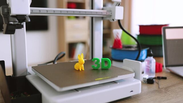 A 3D printer is actively creating small objects, showcasing the additive manufacturing process with filament spools in the background