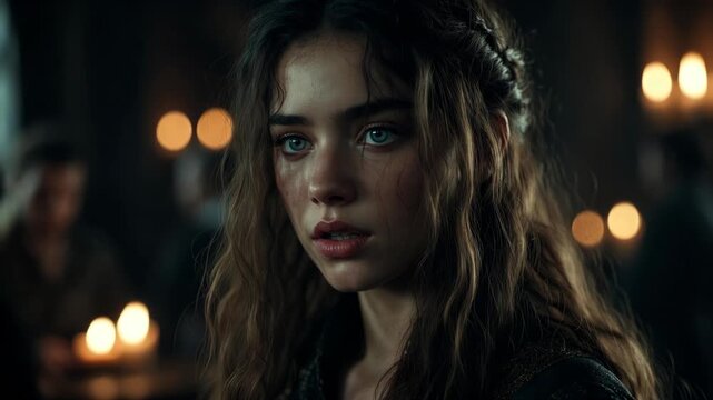 Close portrait of a young woman in realistic style against a dark interior with warm lights, expressing emotion and dramatic mood
