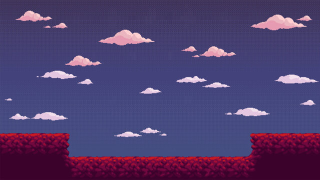 Retro 8 bit pixel landscape with clouds and rocky platforms. Side view game environment inspired by classic arcade platform games. Stylized seamless scene for level design and game assets, vector illu
