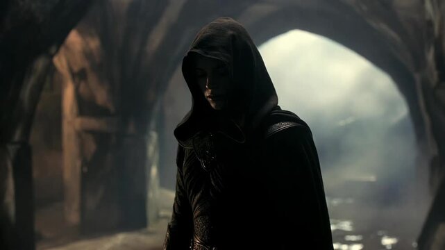 A cloaked figure in shadowy robes standing inside a dim medieval archway, in cinematic style, on a smoky background, concept of mystery