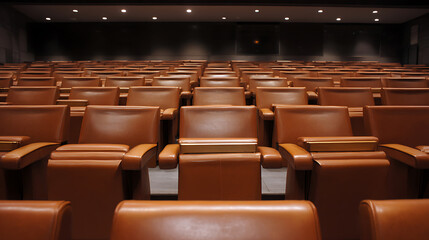 Fototapeta premium Rows of empty tan leather auditorium chairs in a quiet, modern conference hall ready for a presentation or large gathering event
