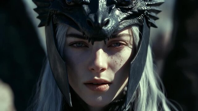 Closeup of fantasy warrior woman in detailed style with dragon helm on dark background, concept of strength and mystique