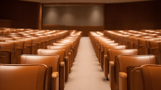 Rows of Empty Brown Seats in a Modern Auditorium, Conference Hall, or Theater Ready for an Event, Meeting, or Presentation