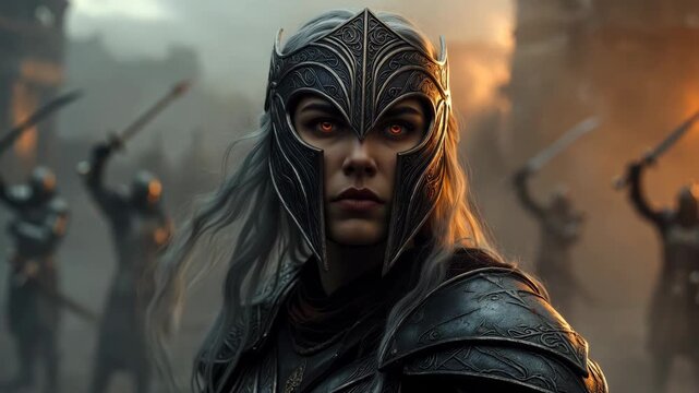 A fantasy armored warrior in detailed style on a smoky battlefield, concept of courage and conflict and valor