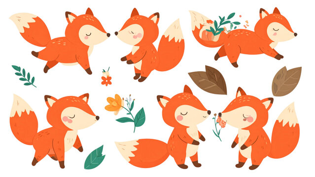 Cute Red Fox Character Set in Various Poses Running Sleeping Sitting and Smelling Flower Cartoon Animal Vector Illustration Isolated on White