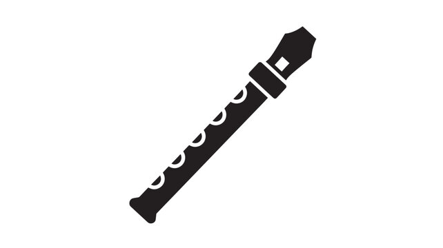 Recorder musical instrument with finger holes and a mouthpiece in a black silhouette against a white background for icon use.
