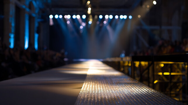 Empty fashion runway illuminated by vibrant spotlights in a dark hall, an inviting stage for models at a chic event or show with artistic lighting