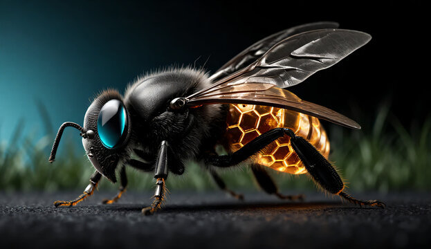 Futuristic Cybernetic Bee with Luminous Amber Hexagonal Energy Cells and Cyan Neuronal Optics - Bionic Insect Concept