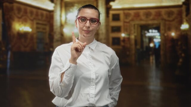 Woman points finger up wearing red glasses and white button shirt in an ornate building interior with chandeliers and patterned walls; instruction confidence.