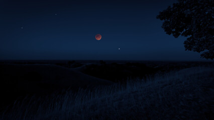 Fototapeta premium Blue hour time with lunar eclipse, stars and planets above landscape silhouettes.