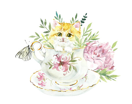 Cute kitten and peones. Watercolor painting. Greeting cards. Floral background, watercolor composition. Flower backdrop. Decoration with pink butterflies, hand-drawing illustration
