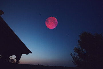 Lunar eclipse, stars and planets above landscape silhouettes. © astrosystem