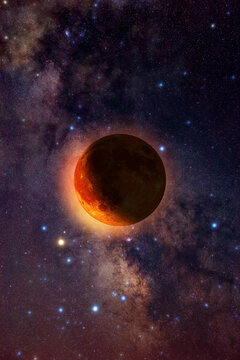 Lunar eclipse on a starry Milky Way background.