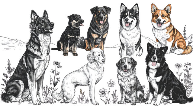 Adorable Hand Drawn Dog Breeds Character Set Featuring Corgi Shiba Inu Husky French Bulldog Poodle and Border Collie in Cute Poses