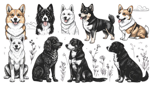 Adorable Hand Drawn Dog Breeds Character Set Featuring Corgi Shiba Inu Husky French Bulldog Poodle and Border Collie in Cute Poses