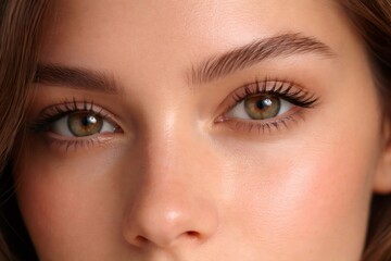 Obraz premium Woman's clear face showing healthy skin, natural makeup, perfectly shaped eyebrows and long eyelashes, creating a captivating and natural beauty portrait