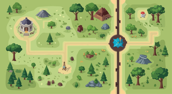 Isometric fantasy game map vector, stylized forest landscape with paths and buildings, green meadow world map for mobile gaming UI isolated PNG with Transparent Background