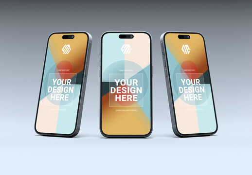 Three Smartphones Standing On Colored Background Mockup