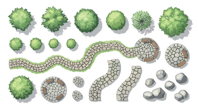 Landscape design elements in top view, garden plan vector set with trees and shrubs, stone walkway and patio paving for architectural site maps isolated PNG with Transparent Background