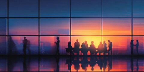 Fototapeta premium Modern Business Meeting in a Bright Conference Room with Professionals Collaborating at a Table during Sunset Hours