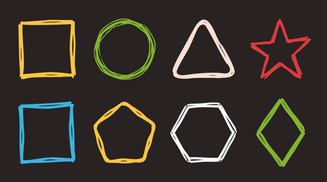A collection of colorful hand-drawn doodle frames and geometric shapes including squares, circle, triangle, star, pentagon, hexagon, and rhombus, perfect for graphic design elements