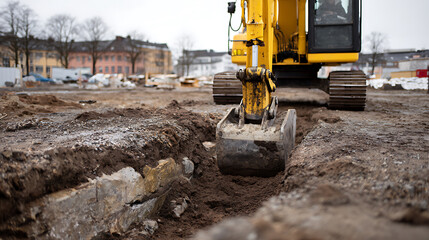 Fototapeta premium Heavy construction excavator with bucket close up, digging earth and rock on a building site, preparing foundation work for new urban development