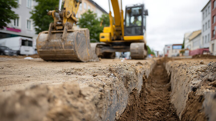 Obraz premium Industrial excavator bucket and trench on a street construction site, urban development and civil engineering, prepare for utility installation