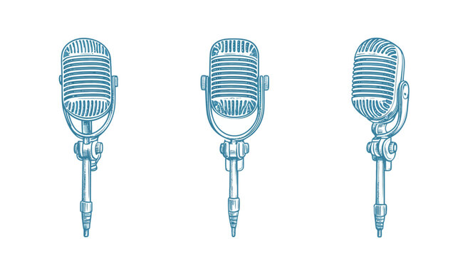 Three vintage microphone illustrations in teal. Each angled slightly different. Detailed lines on white background