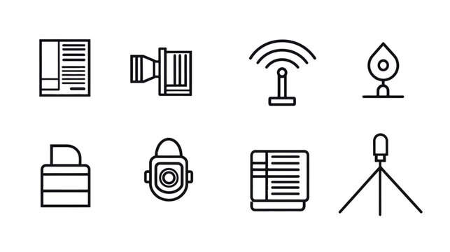Collection of minimalist black and white line icons representing various technology-related objects